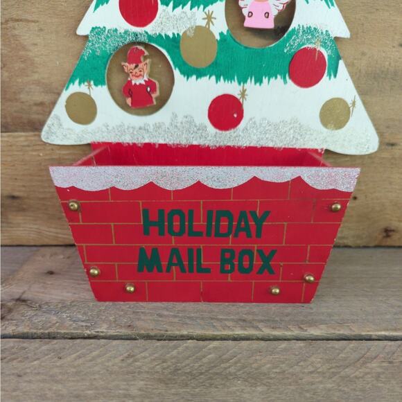 Vintage Holiday Mail Box Wooden Decorated Christmas Tree Card Holder - Picture 5 of 10